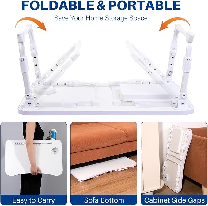 Laptop Desk for Bed, Height Adjustable Laptop Bed Table, Foldable Portable Lap Desk Stand with USB/Storage Drawer/Cup Holder/Slot, Breakfast Tray for Working Reading Writing Eating, White - Image 9