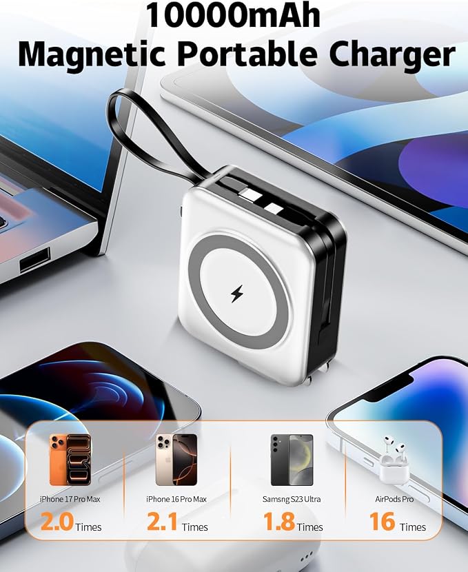 for Magsafe Portable Charger with Built-in Cables and AC Wall Plug, 10000mAh Magnetic Wireless Power Bank 22.5W Type-C in & Out Fast Charging Battery Pack for iPhone 17/16/15/14/13/12 Series, White - Image 2