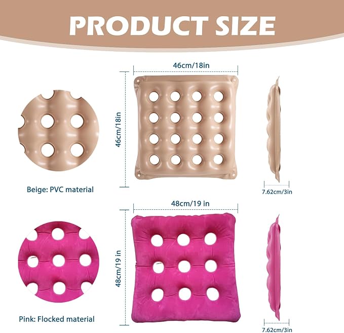 2-Pack Waffle Inflatable Seat Cushions with Pump, 18 Inch Beige 16-Hole Air Cushion for Pressure Relief, Wheelchair, Office Chair, Car Seat & Travel (Red&Beige) - Image 2