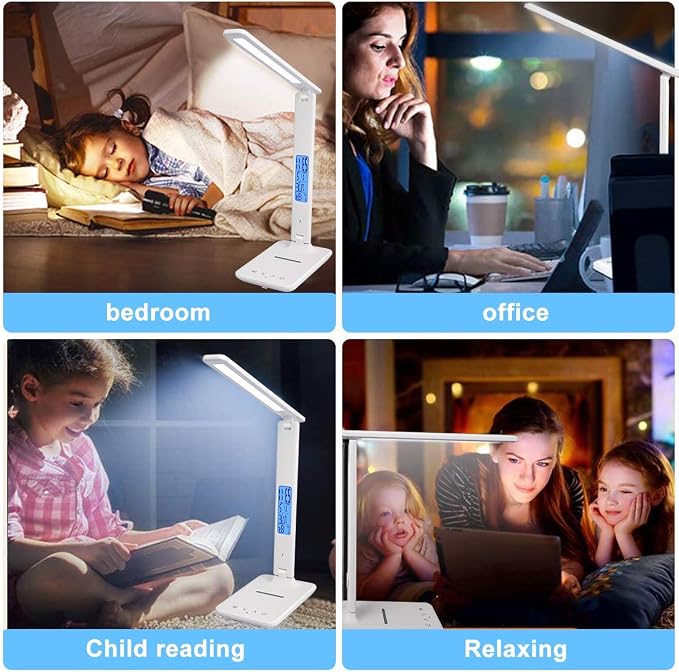 LED Desk Lamp with Wireless Charger, Suitable for Home, Office Dimmable, with USB Charging Port, Built-in Clock, Calendar, Thermometer and Automatic Timing Reading Desk Lamp. - Image 6