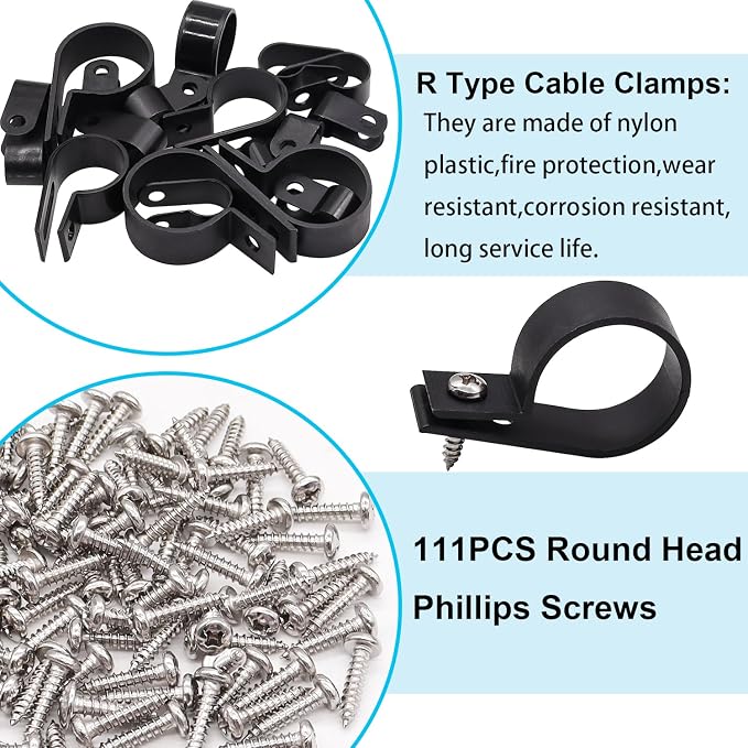TWTADE 222PCS Black Cable Clamps Assortment Kit,Nylon Plastic R-Type 6 Sizes 3/16'' 1/4'' 3/8'' 1/2'' 3/4'' 1'' Cable Mounting Wire Clips Fastener with Screws for Wire Management - Image 4