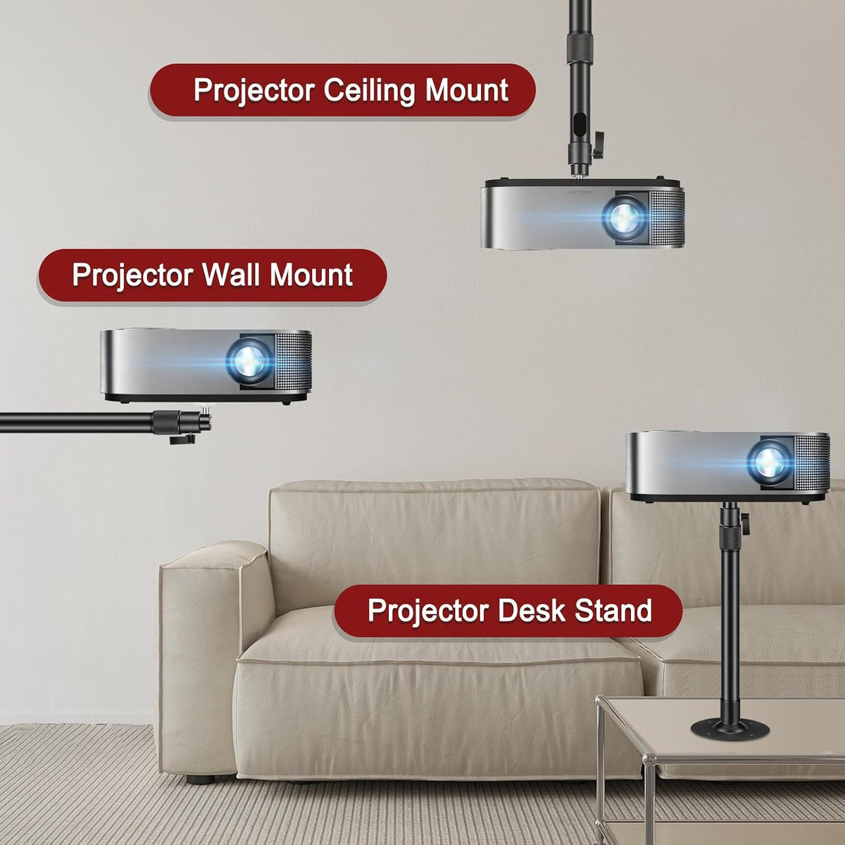 2-Be-Best Upgraded Projector Mount, Better Fixed Projector Ceiling Mount Projectors Wall Mounts with Extendable Length 14-24 in / 37-62 cm 360° Adjustable Projectors Mounts Black - Image 7