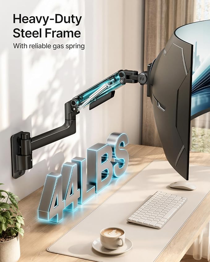 Single Wall Mount Monitor Arm for 17-49" Ultrawide Screens | Heavy Duty Wall Mount Stand Holds up to 44 LBS - Image 3