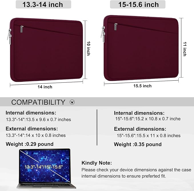 Laptop Sleeve 15.6 inch, Durable Computer Carrying Bag Protective Case Briefcase Handbag with Front Pocket, Slim Laptop Cover for 15.6 Inch HP, Dell, Lenovo, Asus, Notebook, Wine Red - Image 6