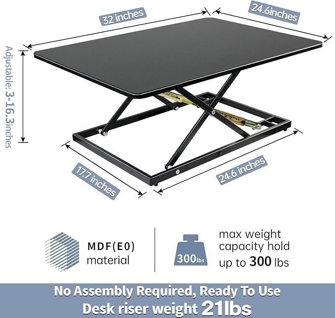 32in Desk Riser for Standing or Sitting, Large Standing Desk Converter, Height Adjustable Sit Stand Desk Converter, Fully Assembled Monitor Laptop Riser Workstation for Home Office, Black - Image 3