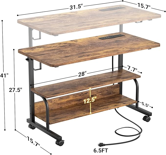 Besiost 32" Height Adjustable Standing Desk with Power Outlets - Manual Rolling Stand Up Desk with Wheels Small Portable Computer Desk Mobile Laptop Table with Storage Shelves for Home Office, Rustic - Image 3