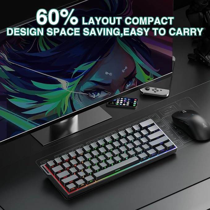 Aula MINI60 HE PRO Wireless Gaming Keyboard 60%,Hall Effect Rapid Trigger Magnetic Keyboard,8000Hz Polling,Tri-Mode(BT5.0/2.4GHz/USB-C),RGB Hot Swappable Compact Mechanical Keyboard for Gamer(Black) - Image 4
