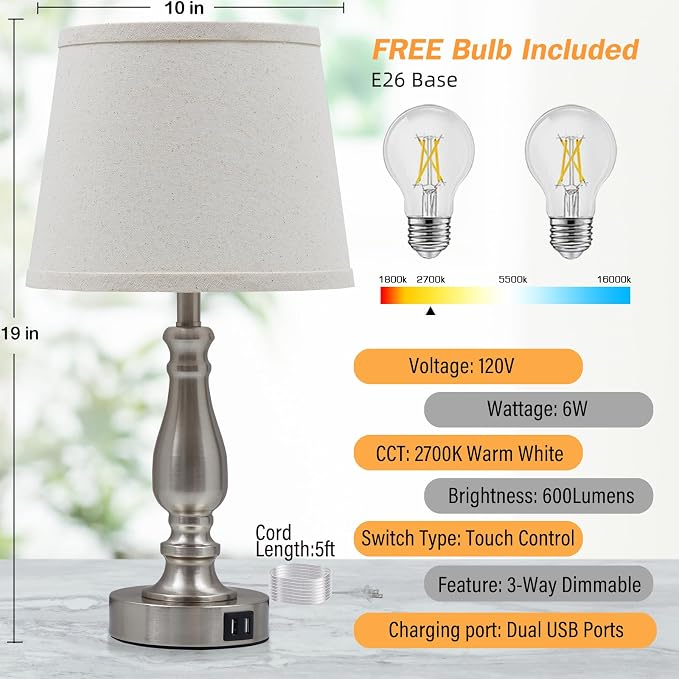 EJIAXIN Lamps for Bedrooms Set of 2, Brushed Nickel Bedside Lamps with USB C+A Ports,Dimmable Nightstand Lamps with Fabric Lampshade, Touch Table Lamp for Living Room Bedroom Office, Bulbs Included - Image 3