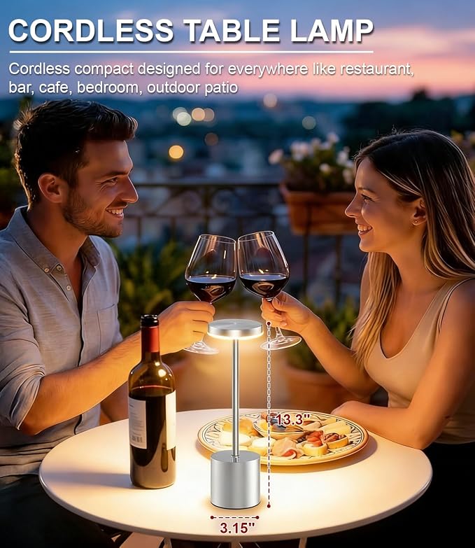 Silver Cordless Table Lamp Rechargeable - 2 Pack 5000mAH Battery Operated Lamp for Counter, 3 Color Stepless Dimming Waterproof LED Wireless Lamp for Dining Kitchen, Outdoor Patio, Touch Control - Image 2