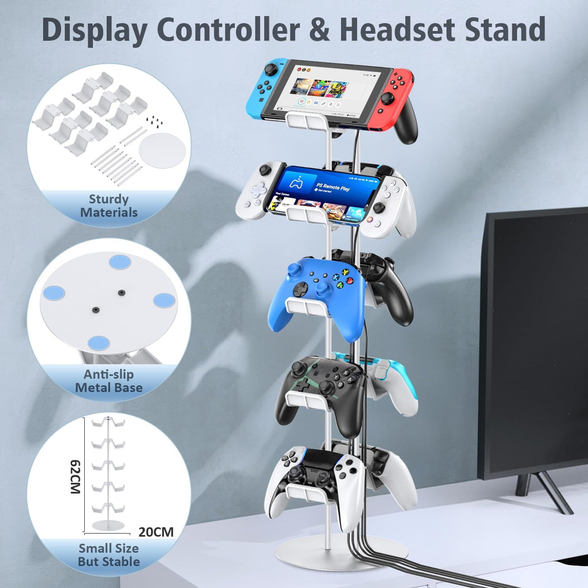 Kytok Gamer Gifts, Headset Stand 5 Tiers with Cable Organizer, Controller Stand Compatible with PS5/Xbox/Nintendo Switch/PS Portal/PS4, Headset Holder & Controller Holder for 10 Packs Controller - Image 5