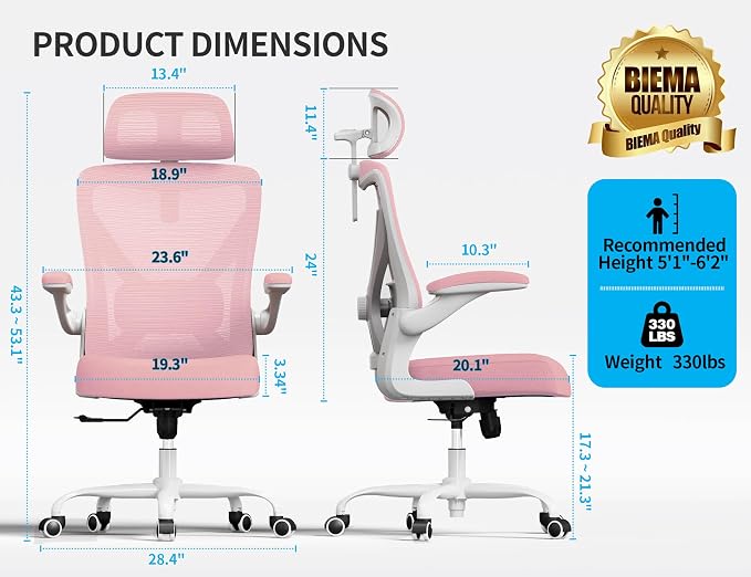 Ergonomic Office Chair: Mesh Desk Chair Comfy with Headrest& Lumbar Support | Ergalithic Big and Tall Office Chairs with Wheels & Flip-Up Arms-Computer Gaming Chairs for Adults Home Office Chairs(Pink) - Image 2