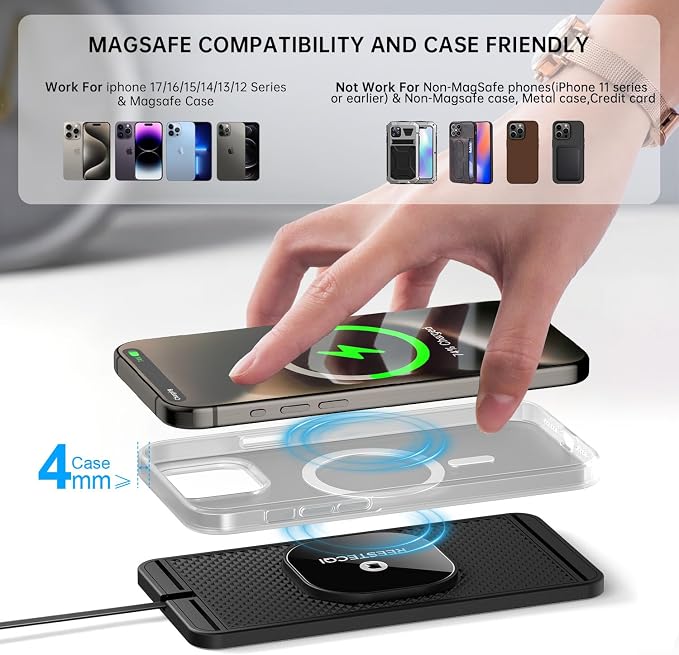 Magnetic Wireless Car Charger Pad, REESTECQI 15W Wireless Charging Pad for Magsafe Charger Non Slip Type C with 40W Car Charger for iPhone 17/16/15/14/13/12, Airpods (30CM Cable) - Image 4