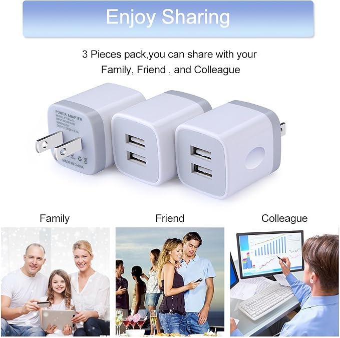 USB Wall Charger, Charging Adapter 3Pack 2.1A Dual Port USB Wall Charging Plug Block Head Box Travel Charger Cube Compatible iPhone 17 16 15 14 13 12 Pro Max XS XR 8 Plus,Pad,Pod,Samsung,Android Phone - Image 2