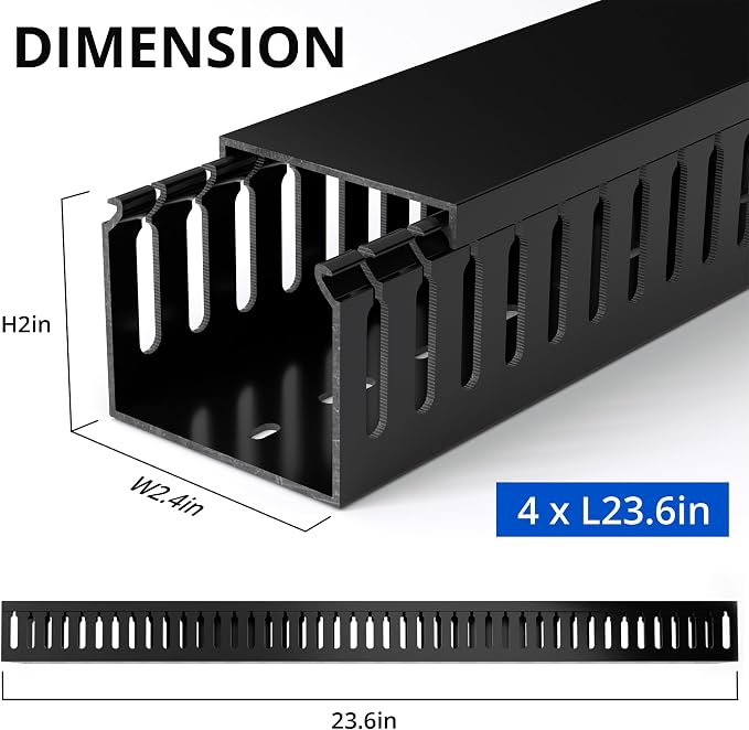 ZhiYo 2"H x 2.4"W Cable Management Raceway, 95in Under Desk Channel, Black | Slotted Wire Duct, 4Pack, 23.6in Each, Heavy-Duty PVC Cable Management for Server Racks, Network Cables & Electrical Cabinets - Image 2