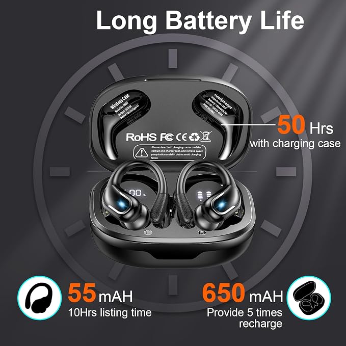 Ltinist Wireless Earbud, Bluetooth 5.3 Headphones Pure Bass Sound with Earhooks, 75H Battery Over Ear Headphones with Dual-LED Display, IP7 Waterproof Earphones Built-in Microphone for Running Sports - Image 3