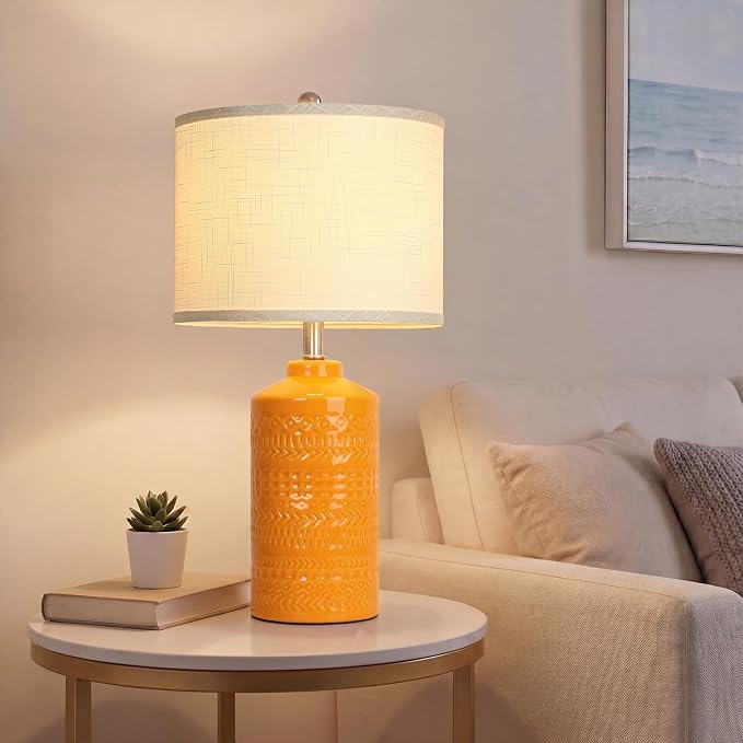 JUNNAI 25" Modern Orange Ceramic Table Lamp for Living Room Nightstand 3-Way Dimmable Farmhouse Lamp for Bedroom Bedside Entryway Tabletop Office with White Slub Fabric Lampshade (Bulb Included) - Image 7