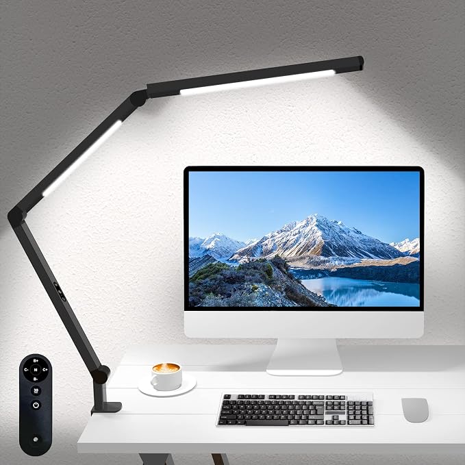 LED Desk Lamp with Clamp, Architect Desk Lamp for Home Office with Remote Control, Swing Arm Clamp on Computer Light, Clip-on Eye-Care Adjustable 5 Brightness Levels Table Light for Working Drafting by Micomlan