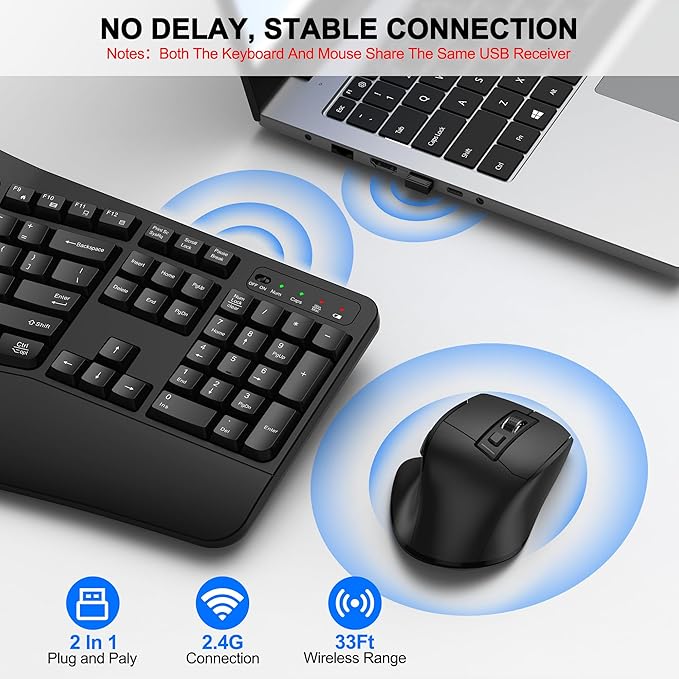 Wireless Keyboard and Mouse Combo, 2.4G Ergonomic Wave Keys(Black) | Full Size Wave Keyboard with Wrist Rest, 3-Level DPI Adjustable Ergonomic Mouse for Windows and Mac OS Desktop/Laptop/PC - Image 5