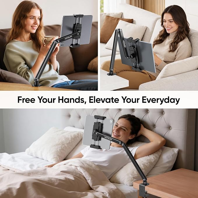 Portable Monitor Stand 15.6" Dual Arm iPad Stand for Desk | Portable Monitor Holder 18.5", Adjustable Tablet Holder for Bed, Aluminum Arm Mount for Second Screens, iPad, Galaxy Tab - Image 2