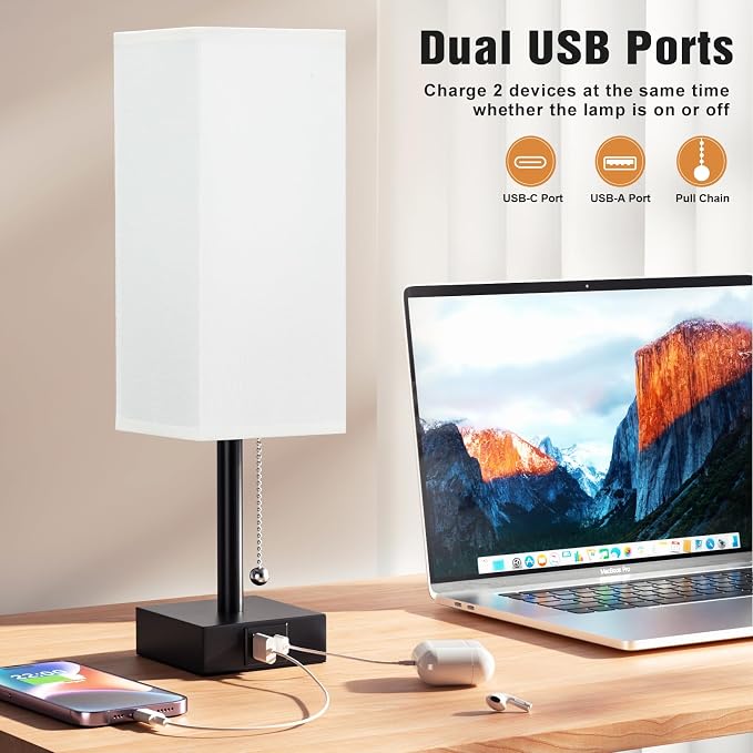 Set of 2 White Bedside Table Lamps for Bedroom - Nightstand Lamp, USB C+A | Pull Chain Lamp, 3 Color Modes(3000K/4000K/5000K), E26 LED Bulb Included, Square White Fabric Lampshade, for Read, Work, Dorm - Image 3