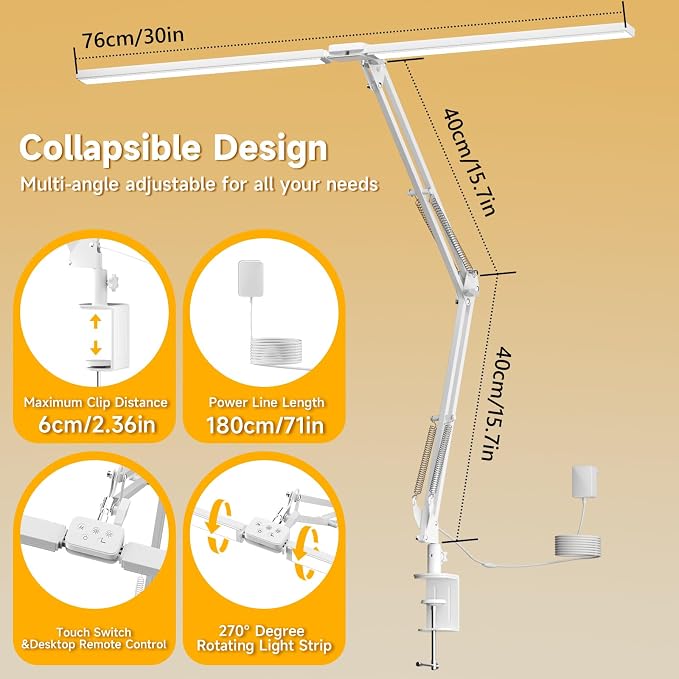 Led Desk Lamp for Home Office - 2400LM Ultra Bright Desk Light -Eye Caring Desk Lamp with Clamp - Adjustable Office Lamp with Remote Control- Easy Installation - 24W White - Image 3