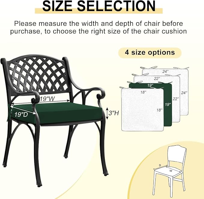 downluxe Waterproof Outdoor Chair Cushions Set of 4, 19" x 19" x 3" Patio Chair Cushion with Non-Slip Ties & Handle, Square Outdoor Cushion for Patio Furniture with Removable Cover, Forest Green - Image 6