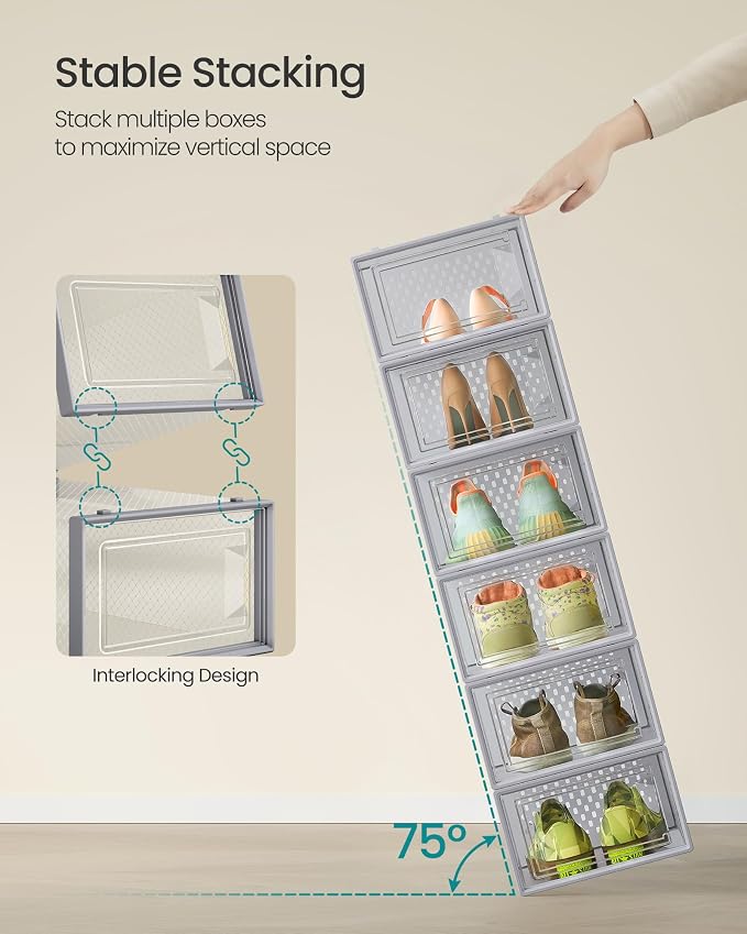 SONGMICS Shoe Boxes, Clear Plastic Sneaker Box, Pack of 12 | Stackable Shoe Storage Organizers, for Closet, 13.1 x 9.1 x 5.6 Inches, Transparent and Gray, DENNYS Collection ULSP006G12 - Image 3