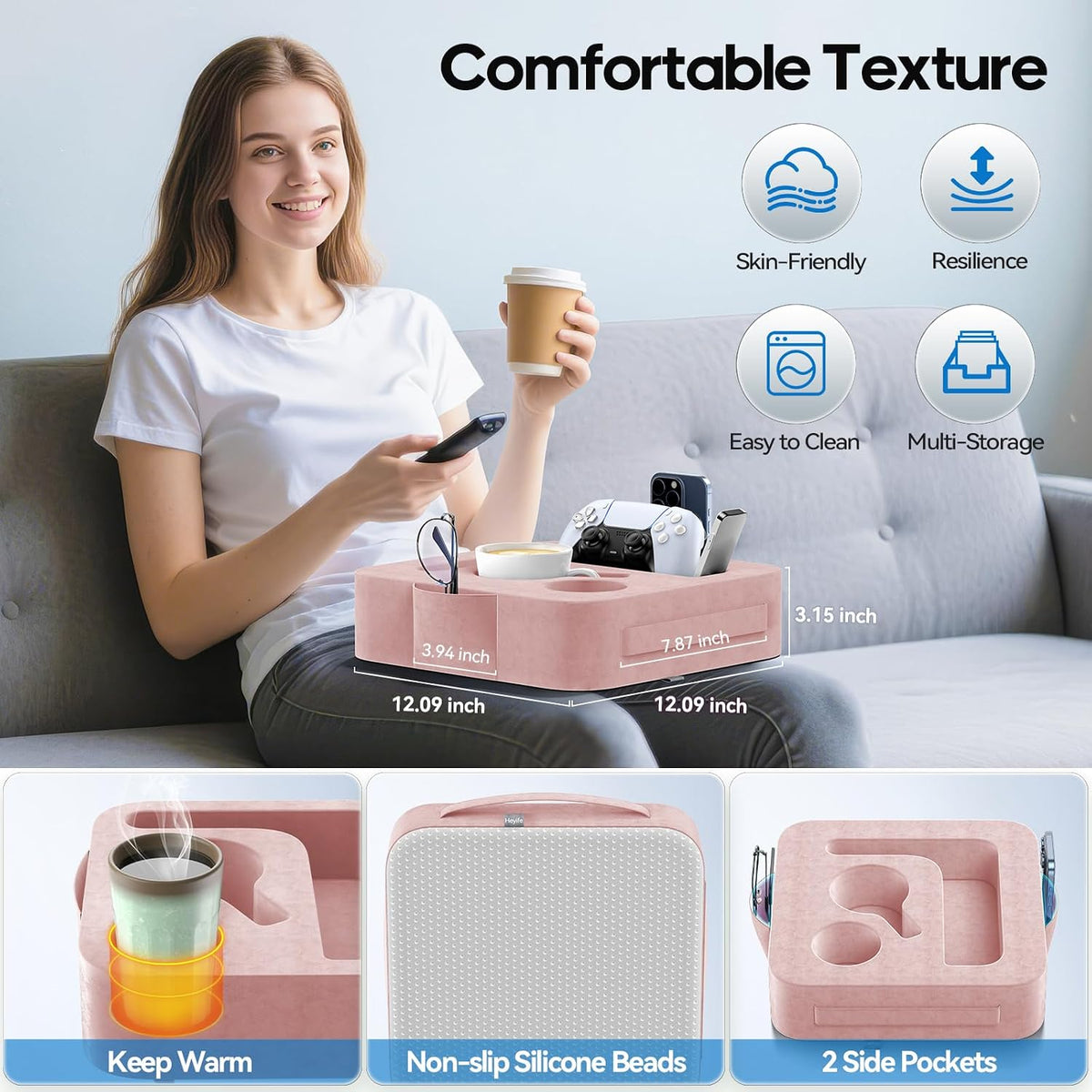 Couch Cup Holder Pillow, Sofa and Bed Caddy for iPad, Kindle, Switch, Game Controller, Remotes, Phones, Small-Sized Cup & Drink Holder for Couch, Bed, Desk, Car, Beach, Bathroom Cup Holder, Pink - Image 5
