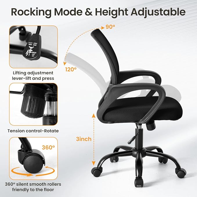 OLIXIS Office Desk Chair, Ergonomic Computer Chair, Lumbar Support | Height Adjustable, Fixed Armrest, Rocking Mode, 360 Swivel, 2 Pack Home, Black - Image 5