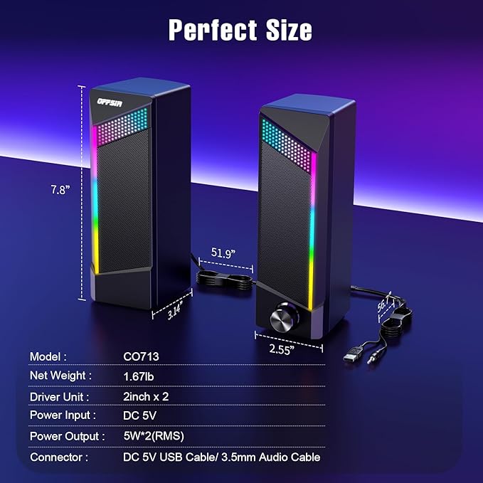 Computer Speakers, 2 in 1 PC Speaker , Gaming Speakers for PC Computer Laptop Desktop Monitor, RGB Speakers with Touch Sensitive Lighting, USB Powered 3.5mm Aux（Package Only Two Speaker, No Soundbar） - Image 6