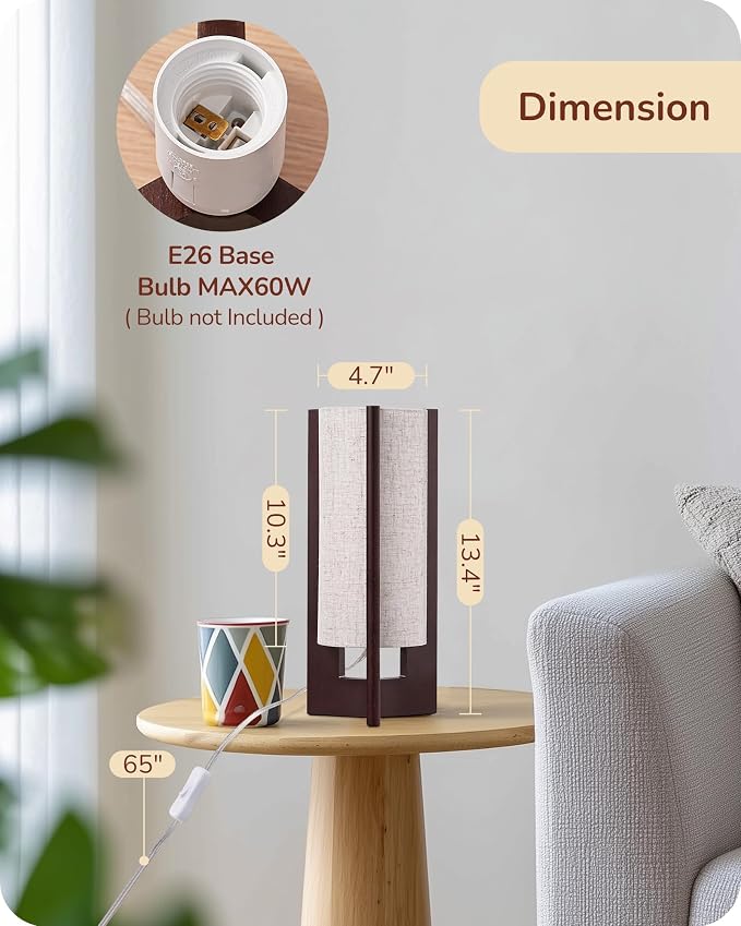 EDISHINE Wood Table Lamp, 13.5" Small Bedside Lamp, Rosewood, E26 Base | Beige Linen Shade, Cylinder Base, On-Off Line Switch, Nightstand Lamp for Bedroom, Living Room, Office - Image 5