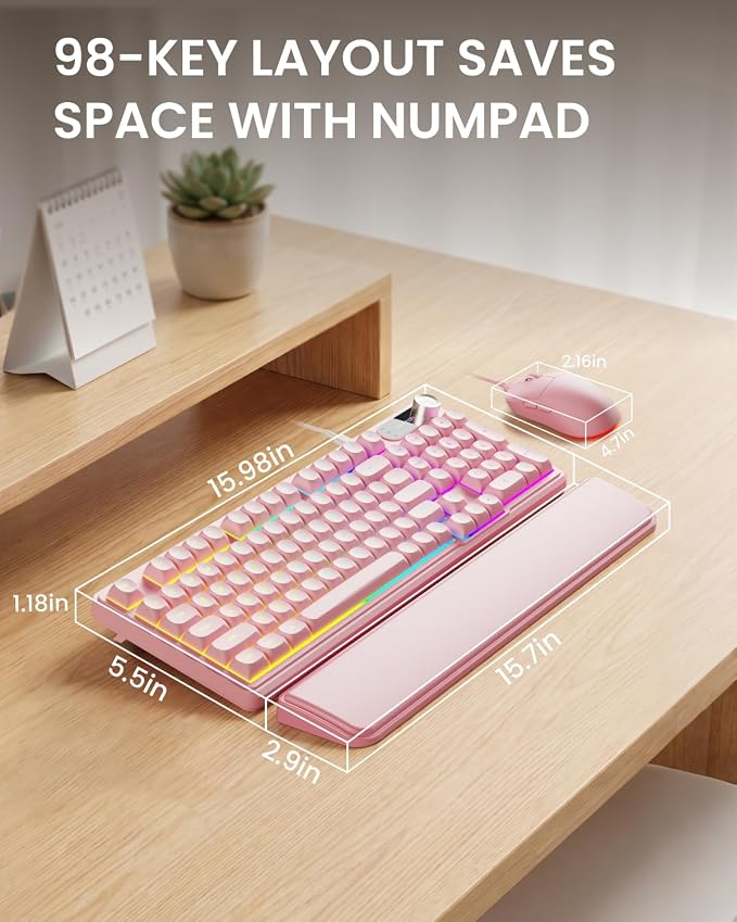 EWEADN Wired Keyboard and Mouse Combo with Detachable Wrist Rest, Quiet Ergonomic Keyboard Mouse Set with Multimedia Knob, RGB Backlit, Double-Shot Keycaps Natural Typing for Laptop, PC - Pink - Image 8