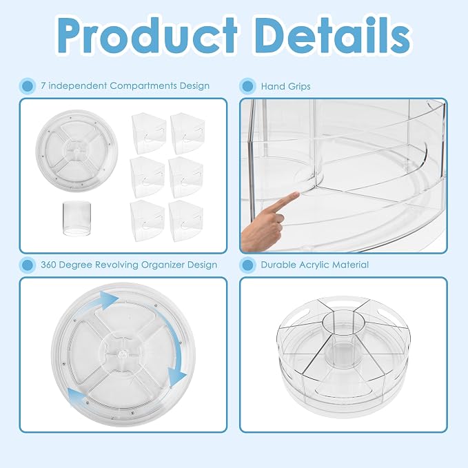 CraftGenes 2 Packs Rotating Clear Acrylic Pen Holder, Marker Organizer | Pen organizer for desk and art supply organizer with 7 removable sections for markers, pencils, brushes, and office supplies. - Image 4