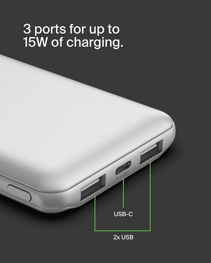 Belkin 10000mAh 15W 3 Port Power Bank, USB A to USB C Cable Included | Fast Charging, iPhone 17, Samsung Galaxy, Pixel, Airpods, iPad, Nintendo Switch 2, Battery Pack, USB C Port, USB A Port - Image 8