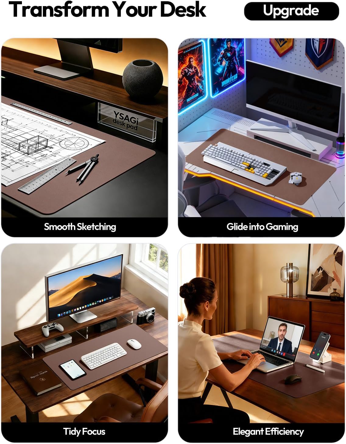 YSAGi Leather Desk Protector, Office Mat, Large Mouse Mat, Non-Slip PU Leather Blotter, Laptop Desk, Waterproof Writing Pad for Office and Home (Chocolate, 35.4" x 17") - Image 2