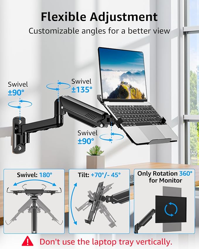 MOUNTUP Laptop Wall Mount, Adjustable Laptop Mount for Max 17" Notebook or Max 32" Monitor, Wall Mount Laptop Holder Holds 4.4-22lbs, 2-in-1 Laptop Arm with Ventilated Tray - Image 3