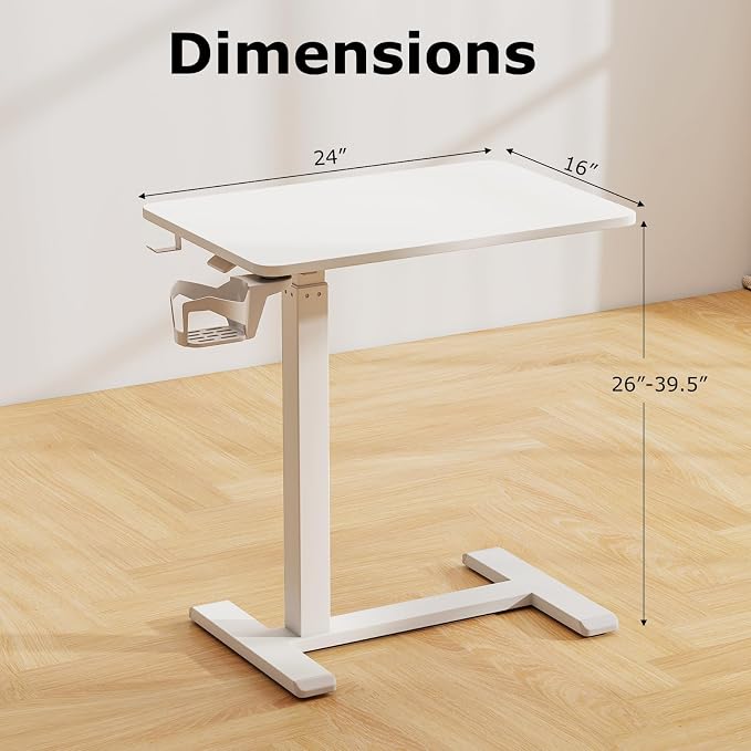 Tangkula Mobile Standing Desk, Pneumatic Height Adjustable Rolling Desk with Cup Holder & Headphone Hook, Overbed Table with Hidden Wheels, Laptop Computer Cart for Couch, Home, Office (White) - Image 3