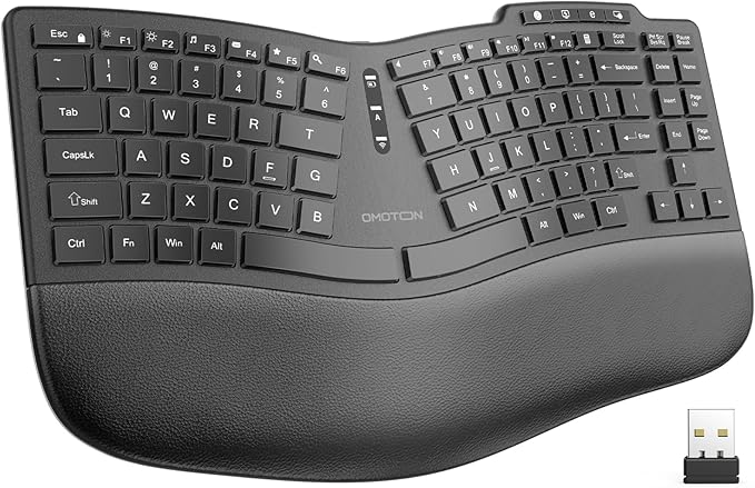 OMOTON Ergonomic Wireless Split Keyboard Compatible with Windows only, Cushioned Wrist Rest, Rechargeable, USB Connectivity, 2.4G Membrane Silent Keyboard, Classic Black by OMOTON