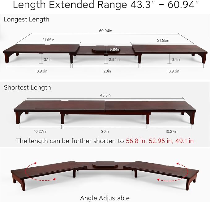 Nnewvante Dual Monitor Riser, 60 inch Bamboo Monitor Stand for Desk, Walnut | Adjustable Length Angle, 3 Shelves Desktop Screen Riser, For Computer Laptop PC - Image 4