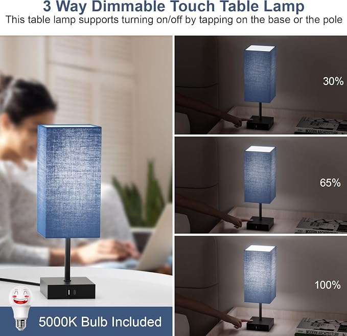 Bedside Table Lamp for Bedroom with 2USB Ports, 14-Inch, NavyBlue | USB A+C Ports, Touch 3-Way Dimmable LED Bulb Included Fabric Lampshade Metal Base Small Nightstand Lamp for Desk Living Room - Image 2