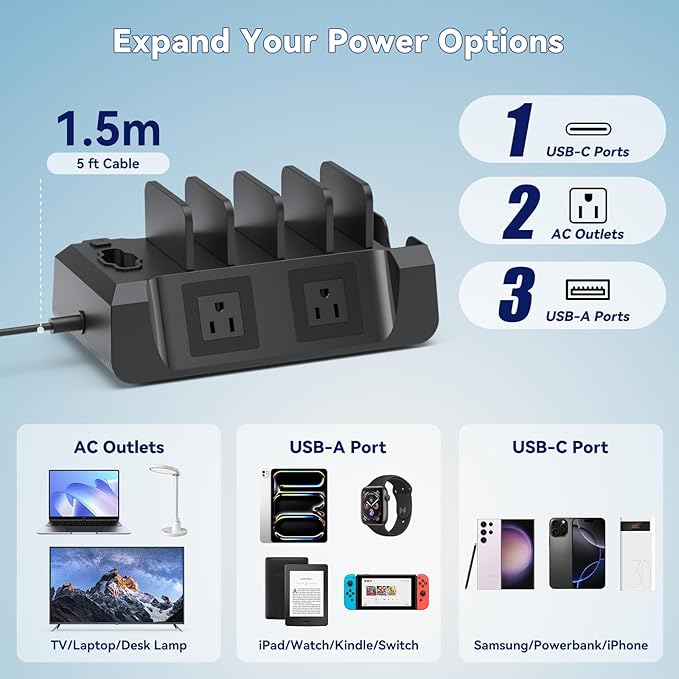 KDD Charging Station with 6 Charging Cables - Fast Charging 6 in 1 Cellphone Charging Dock with Headphone Stand and Watch Holder - 2 AC&USB A&USB C, Storage Station for Smartphone,Tablets, AppleWatch - Image 2