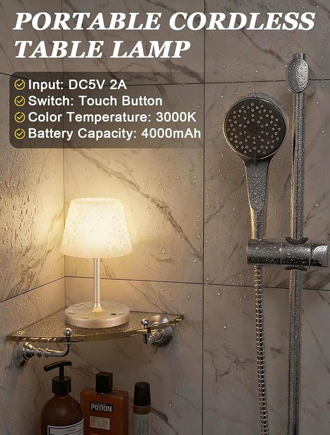 Kakanuo Champagne Gold Shower Lamp Waterproof, Rechargeable Cordless Lamp with 4000mAh Battery, Touch Dimmable Table Lamp for Outdoor, Kitchen, Bathroom, Camping, Patio, IP54 - Image 4