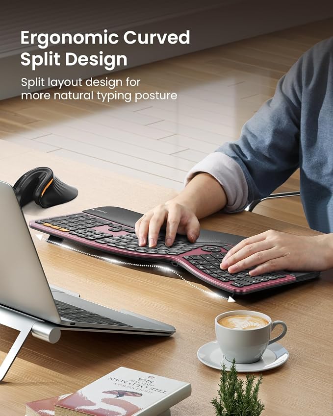ProtoArc EK01 Plus Backlit Bluetooth Ergonomic Keyboard, Full Size, Red | Adjustable brightness, split design, cushioned wrist rest, connect 3 devices via Bluetooth/2.4G, 2000mAh USB-C rechargeable. - Image 5
