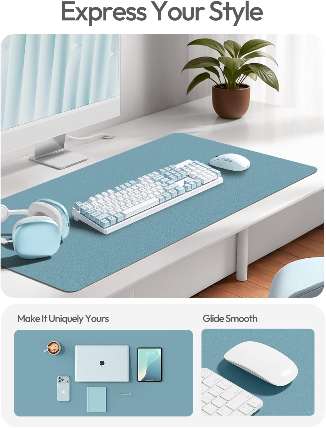YSAGi Leather Desk Protector, Office Mat, Large Mouse Mat, Non-Slip PU Leather Blotter, Laptop Desk Mat, Waterproof Writing Pad for Office and Home(Aquamarine, 40" x 24") - Image 2
