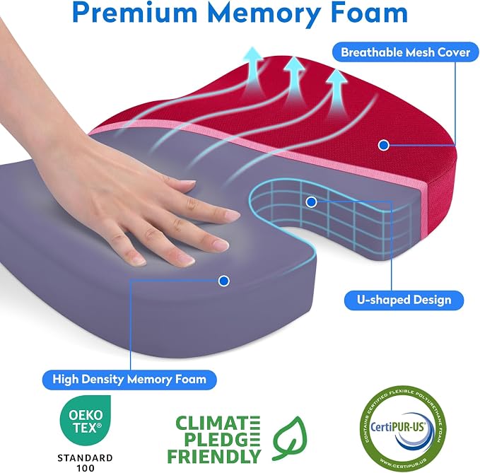 CushZone XXL Memory Foam Seat Cushion for Office & Car, Red | U-shaped Coccyx Cutout, Contoured Design, Breathable Removable Mesh Cover, Non-Slip Base, Carry Handle - Image 2