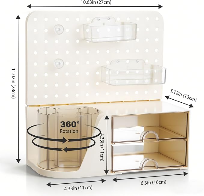 Comix Desk Organizer with 2 Drawer, Beige 360° Rotating Pen Holder for Desk | Desk Organizers and Accessories with 5 Slots Pencil Holder+Pegboard+Drawer, Pen Organizer for Home School Art Office Supplies - Image 2