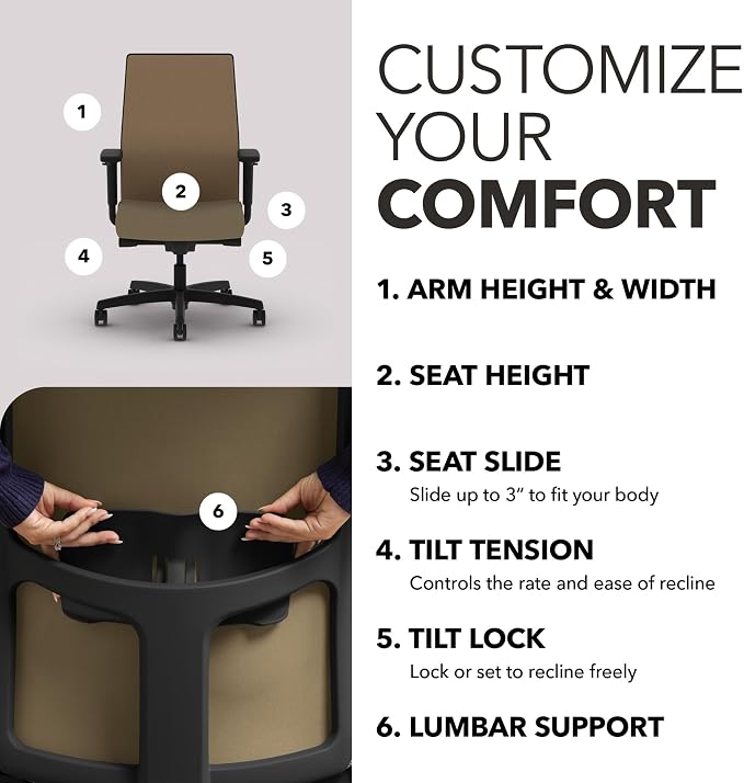 HON Ignition 2.0 Ergonomic Office Chair, Lumbar Support, Quicksand | Ergonomic office desk chair with lumbar support, adjustable arms, office decor, workstation comfort for focused productivity - Image 3