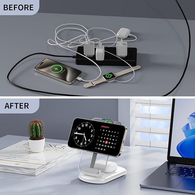 2026 Traveling Wireless Mag-Safe Fast Charging Station | Magnetic 3 in 1 Charger with Light for iPhone 17 16 15 14 13 12 Pro Max Plus,Apple Watch& Air pods 4 3 2 Pro(White) - Image 6