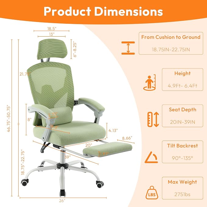 Home Office Desk Chair, Comfortable Mesh Chair with Foot Rest, Green | Reclining Gaming Chair with Headrest and Lumbar Support, 90°-130° Reclining, Silent Swivel - Image 3