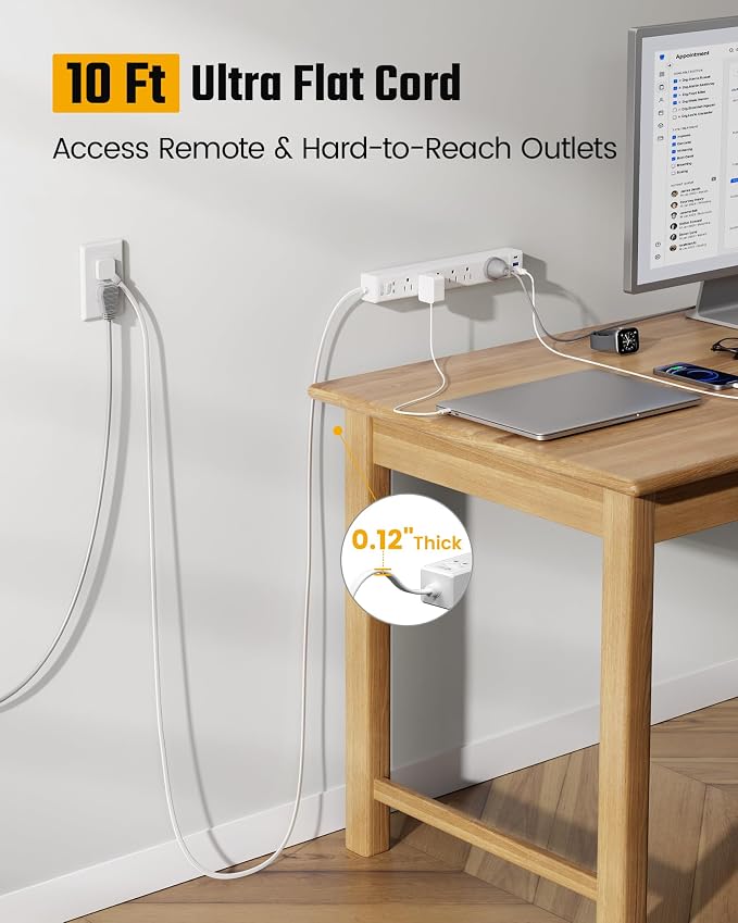 10Ft Extension Cord with Multiple Outlets, SUPERDANNY Flat Plug Surge Protector Power Strip 10 Ft Long Cord, 6 Outlets & 3 USB Ports, Charging Station for Home Office, College Dorm Room Essentials - Image 2